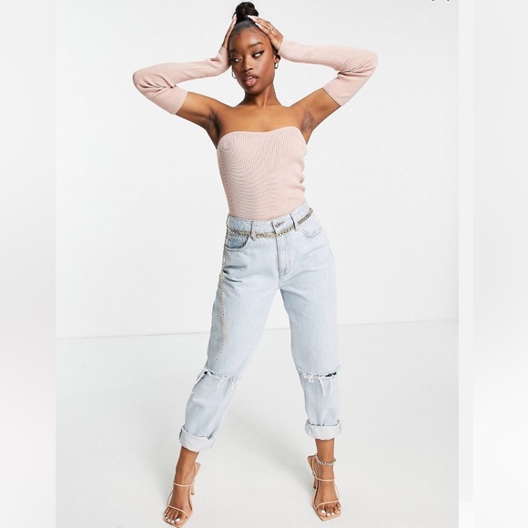 NWT AS YOU RIBBED BANDEAU HALTER TOP SZ-12 KNIT w DETACHED LONG SLEEVE ROSE PINK - Picture 3 of 4